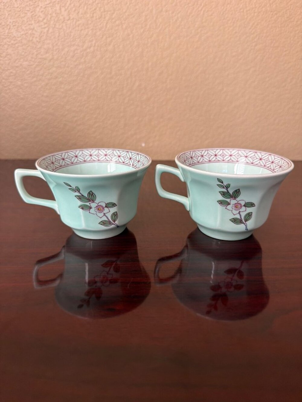 Vintage Adams Calyx Ware Singapore Bird Ironstone Teacups Aqua England Set of 2 - Picture 4 of 12